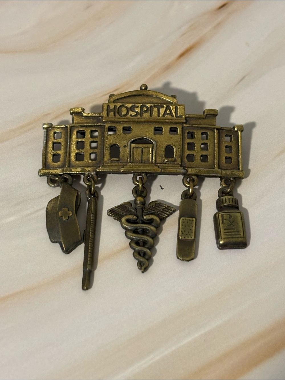 Vintage Jonette (JJ) Antique Brass Hospital Nursing Brooch 2-1/8”